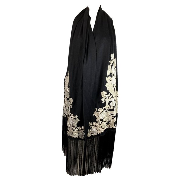 XL Dramatic Opera Scarf Embroidered Black White Baroque Motif Fringe